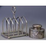 FOUR COMPARTMENT SILVER TOAST RACK, 3.5ozs, Birmingham 1922 and a miniature oval silver tea caddy