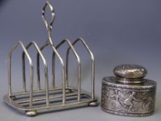 FOUR COMPARTMENT SILVER TOAST RACK, 3.5ozs, Birmingham 1922 and a miniature oval silver tea caddy