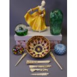 VICTORIAN GREEN GLASS DUMP & OTHER PAPERWEIGHTS, Doulton figurine Kirsty, HN2381, Royal Crown