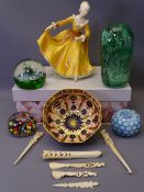 VICTORIAN GREEN GLASS DUMP & OTHER PAPERWEIGHTS, Doulton figurine Kirsty, HN2381, Royal Crown