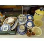 BLUE & WHITE TABLEWARE, various patterns, ceramic bread bin and two chamber pots ETC