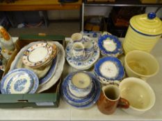 BLUE & WHITE TABLEWARE, various patterns, ceramic bread bin and two chamber pots ETC