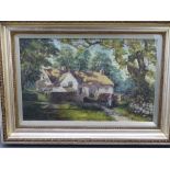 EDWARDIAN OIL ON CANVAS - a cottage with figure, 34 x 54cms
