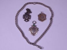 VINTAGE SILVER WATCH FOB CHAIN and three hallmarked silver fobs, 19cms L with clip catch and stamped