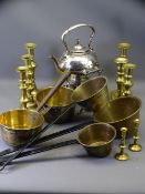 PLATED SPIRIT KETTLE ON STAND, iron and brass pans and a quantity of brass candlesticks