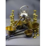 PLATED SPIRIT KETTLE ON STAND, iron and brass pans and a quantity of brass candlesticks