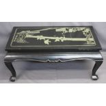 JAPANESE LACQUERWORK COFFEE TABLE inlaid white metal on black with folding legs, 46cms H, 107cms