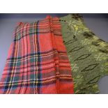 TRADITIONAL WELSH WOOL BLANKET & ONE OTHER, green with yellow and tonal browns with a traditional