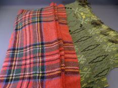 TRADITIONAL WELSH WOOL BLANKET & ONE OTHER, green with yellow and tonal browns with a traditional