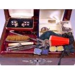 VICTORIAN INLAID WALNUT BOX OF LADY'S & GENT'S JEWELLERY & COLLECTABLES to include a marcasite and
