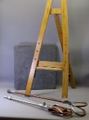 TWO SHOOTING STICKS, a small wooden artist's easel and a slab of near square Welsh slate, 43 x