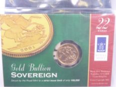 GOLD SOVEREIGN 2001 ROYAL MINT IN SEALED BULLION PACK, 7.98grms