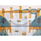 STRAW WORK & WATERCOLOUR - fine depiction entitled 'Menai and Britannia Bridges' with numerous boats