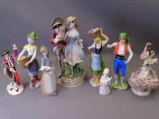 CONTINENTAL POTTERY & PORCELAIN FIGURINES (8) including a Dresden Spanish Dancer and Matador pair,