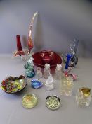 COLOURFUL & OTHER GLASSWARE, a quantity including iridescent, frosted birds, Venetian, Cranberry