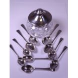 CHESTER SILVER TEASPOONS (6), Birmingham hallmark lid cut glass dressing table jar and four EPNS