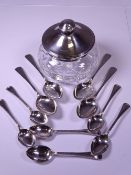 CHESTER SILVER TEASPOONS (6), Birmingham hallmark lid cut glass dressing table jar and four EPNS