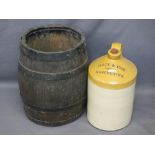 VINTAGE OAK BARREL & STONEWARE 'SLACK & COX LIMITED MANCHESTER FLAGON, 43 and 40cms H respectively