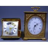SWIZA SWISS MADE YELLOW METAL MANTEL CLOCK, 12cms H, and a Tim travel clock
