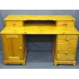 PINE DESK - twin pedestal with upper shelf and two drawers over a three drawer base cupboard,