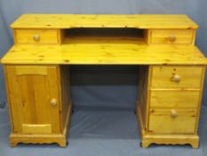 PINE DESK - twin pedestal with upper shelf and two drawers over a three drawer base cupboard,