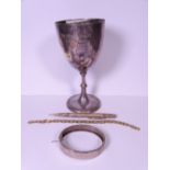 HALF BRIGHT CUT SILVER BANGLE, sterling propelling pencil, EPNS presentation goblet and a lady's
