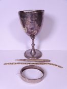 HALF BRIGHT CUT SILVER BANGLE, sterling propelling pencil, EPNS presentation goblet and a lady's