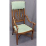 INLAID ARMCHAIR, pierced splatback, scroll arms and 'X' stretcher with tapered front supports