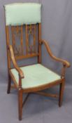 INLAID ARMCHAIR, pierced splatback, scroll arms and 'X' stretcher with tapered front supports