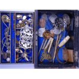 VICTORIAN JEWELLERY BOX & CONTENTS to include a hallmarked nurse's buckle and other silver,