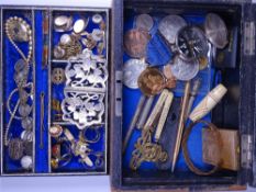 VICTORIAN JEWELLERY BOX & CONTENTS to include a hallmarked nurse's buckle and other silver,