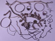 SILVER & WHITE METAL JEWELLERY, A QUANTITY including a bracelet of 18 charms, three child's wrist