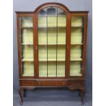 MAHOGANY INLAID DOME TOP DISPLAY CABINET, single door, central base drawer on shaped knee supports