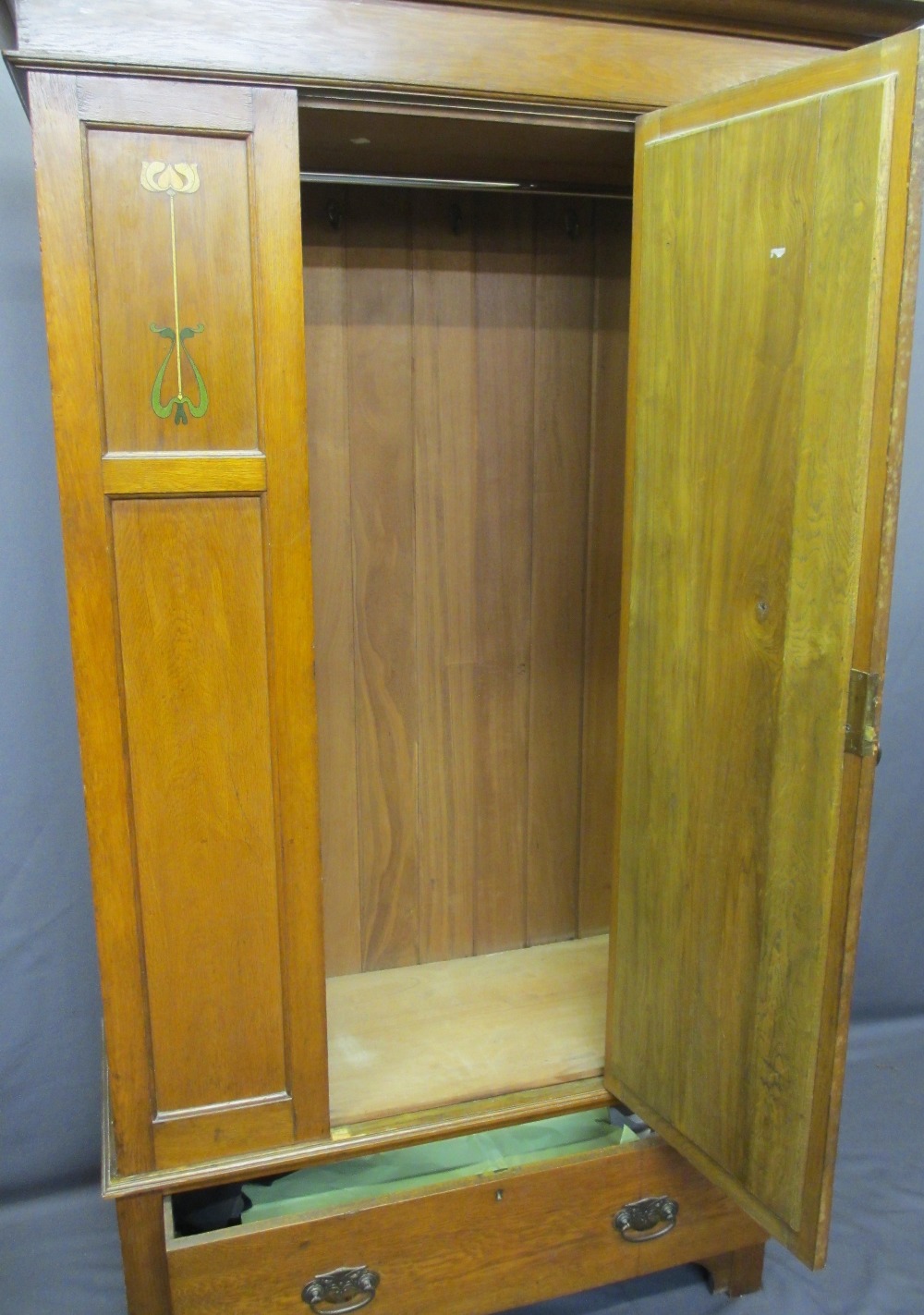 ART NOUVEAU WARDROBE with single mirrored door over a base drawer, 198cms H, 120cms W, 53cms D - Image 2 of 3