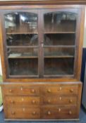 VICTORIAN PRESS CUPBOARD - replacement glazed twin upper doors over six base drawers, 193cms H,