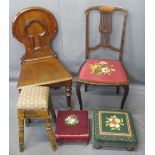 MAHOGANY HALL CHAIR, tapestry seat pierced splatback chair, two foot stools and another in pine (5