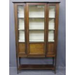 MAHOGANY INLAID BREAKFRONT DISPLAY CABINET, single door, with floral upholstered shelves and back,