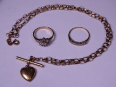 9CT GOLD JEWELLERY, THREE ITEMS to include a 46cms L belcher chain necklace with T bar and heart