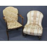 UPHOLSTERED FURNITURE shaped button back nursing chair on castors, 75cms H, 60cms W, 45cms seat