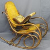 BENTWOOD ROCKING CHAIR, 95cms H, 52cms W, 110cms D and an X frame footstool,