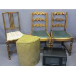 OAK DINING CHAIRS (2) with scrolled back supports and rexine seat, one other, a Lloyd Loom corner