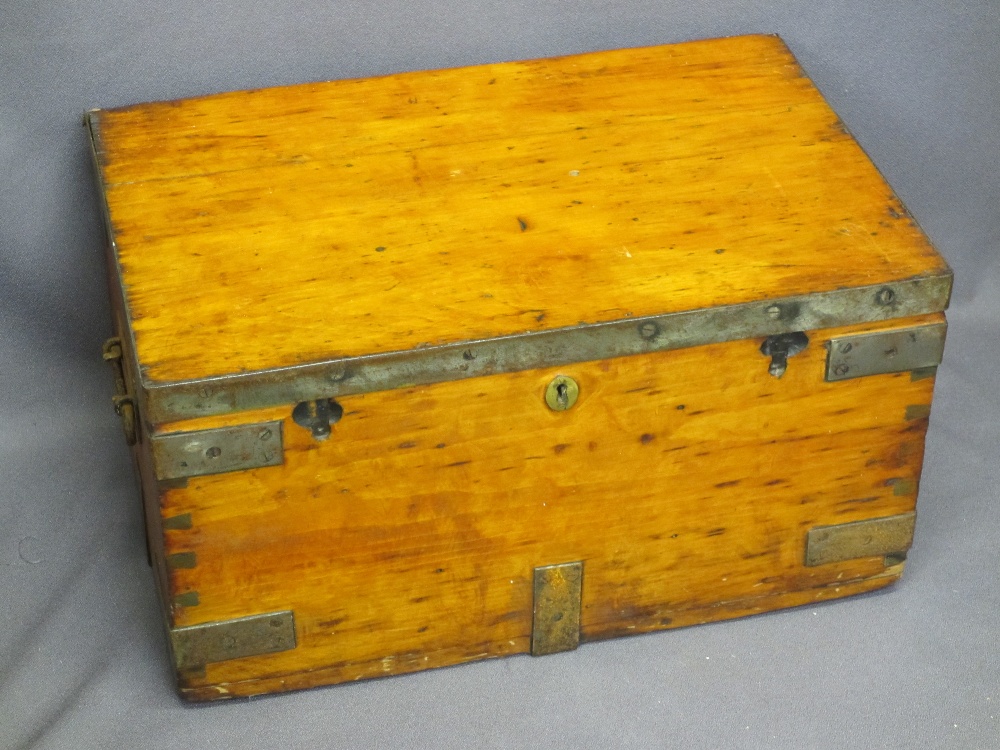 WOODEN BOX - metal banded with iron handles, 33cms H, 61cms W, 41cms D