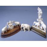 CIRCA 1920 INDIAN CARVED IVORY ELEPHANTS, a mixed group of three items to include three elephants