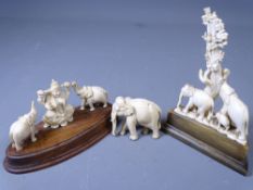 CIRCA 1920 INDIAN CARVED IVORY ELEPHANTS, a mixed group of three items to include three elephants
