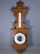 CIRCA 1900 CARVED FRAMED ANEROID BAROMETER WITH THERMOMETER, 92cms H, 31cms W