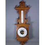 CIRCA 1900 CARVED FRAMED ANEROID BAROMETER WITH THERMOMETER, 92cms H, 31cms W