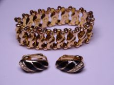 9CT GOLD EXPANDING BRACELET, 14.4grms and a pair of Christian Dior black enamel and yellow metal