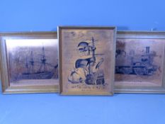 COOPERCRAFT COPPER ETCHING in a wooden frame 'Man of War' and two other similar, H M S Victory and G