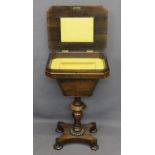 WILLIAM IV ROSEWOOD WORKBOX CIRCA 1835 on turned supports, 74cms H, 45cms W, 36cms D