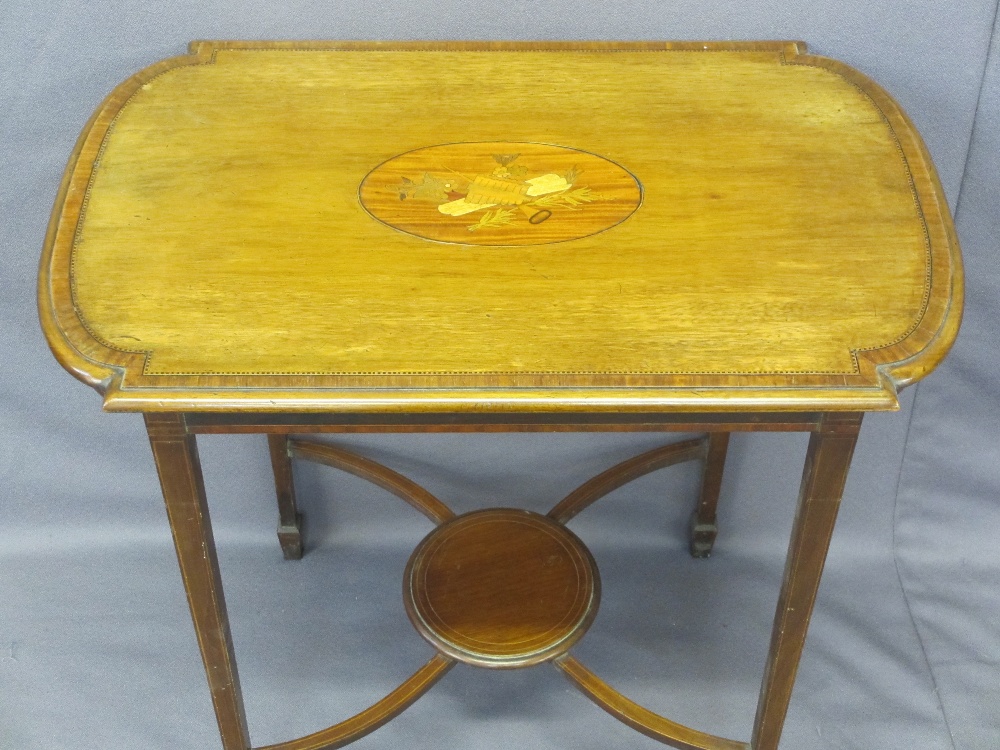 EDWARDIAN INLAID SIDE TABLE, shaped top, lower circular shelf on tapered supports, spade feet, 71cms - Image 2 of 2